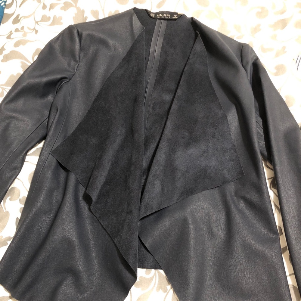 ZARA NAVY BLUE LEATHER AND SUEDE CARDIGAN